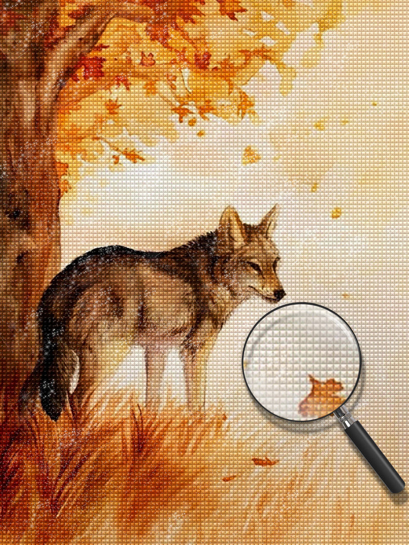 Wolf unter Baum im Herbst Diamond Painting