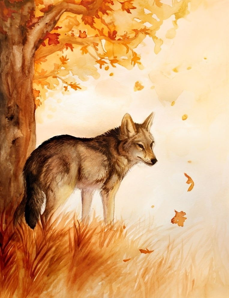 Wolf unter Baum im Herbst Diamond Painting