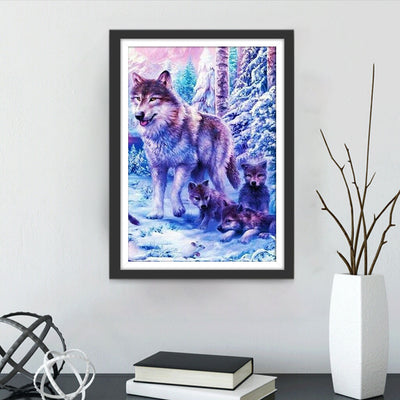 Wolfsmutter und Welpen im Schnee Diamond Painting