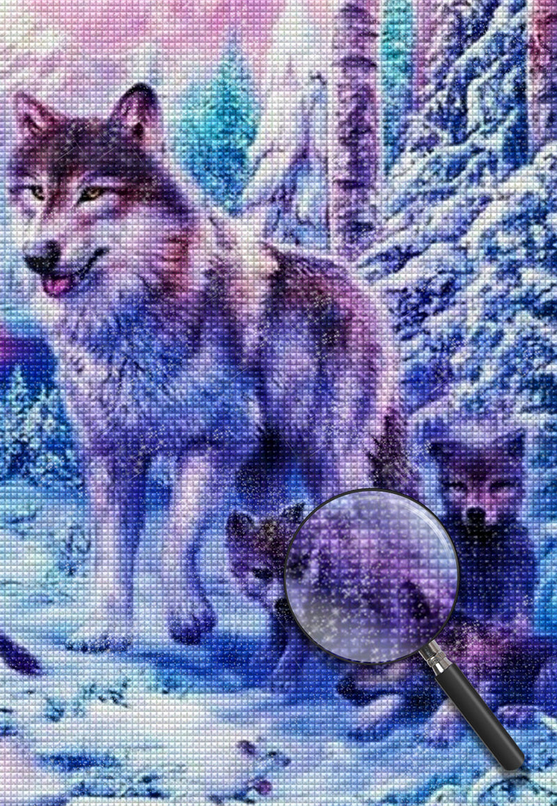 Wolfsmutter und Welpen im Schnee Diamond Painting