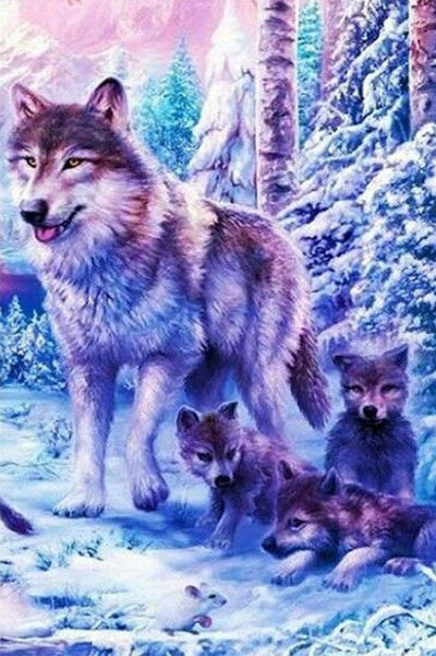 Wolfsmutter und Welpen im Schnee Diamond Painting