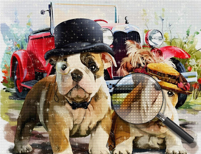 Zwei Hunde vor dem Auto Diamond Painting