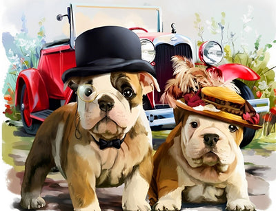 Zwei Hunde vor dem Auto Diamond Painting