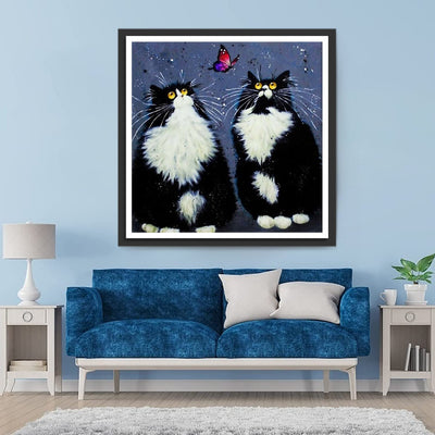 Zwei schwarze Katzen und bunter Schmetterling Diamond Painting