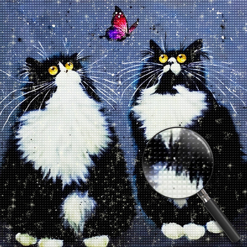 Zwei schwarze Katzen und bunter Schmetterling Diamond Painting